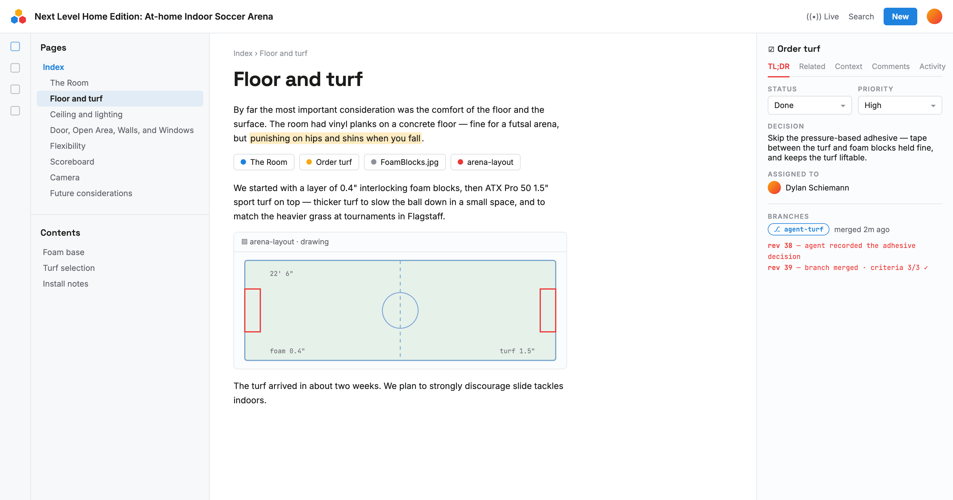A living spec in the app: the page tree, a page with linked chips and a drawing, and a task showing its recorded decision and merged agent branch